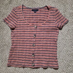 American Eagle Womens‎ Striped Ribbed Shirt Button Front Scoop Neck Size Small S